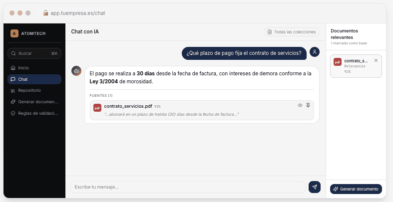 Chat con streaming y fuentes citadas; marca documentos como base para generar.